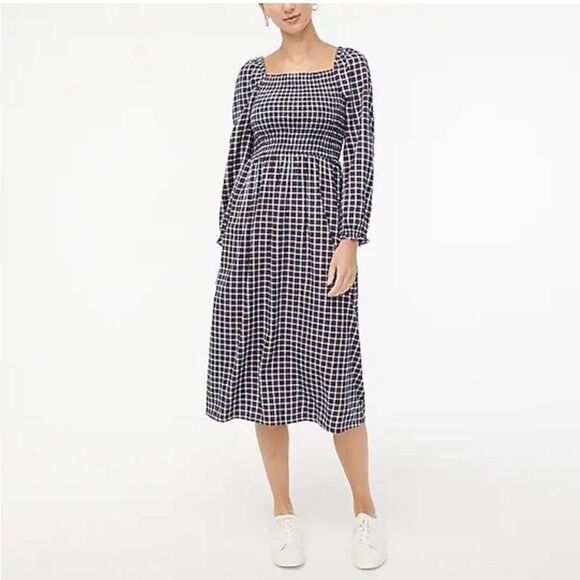 J. Crew Dresses & Skirts - J Crew Womens Dress Sz XS Plaid Flannel Cottage Puff Sleeve Smocked Midi Navy